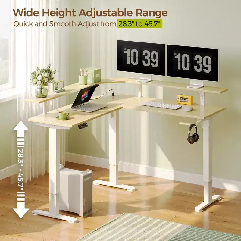 L-Shaped Height-Adjustable Standing Desk with LED Lights, Monitor Stand & 4 AC Outlets