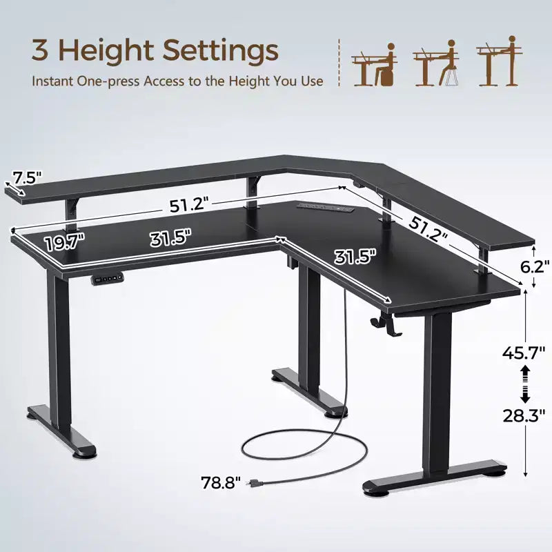 L-Shaped Height-Adjustable Standing Desk with LED Lights, Monitor Stand & 4 AC Outlets