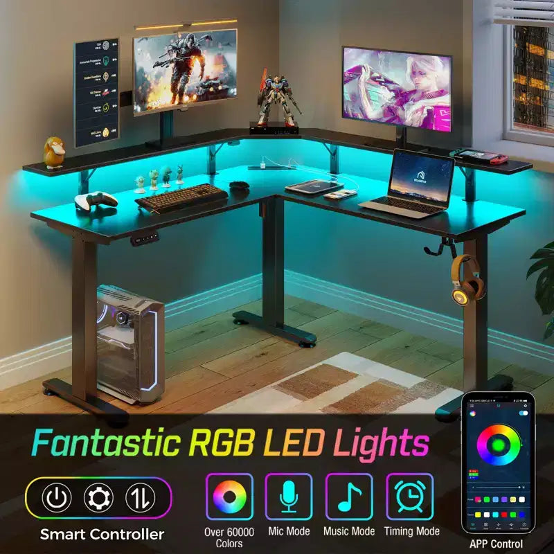 L-Shaped Height-Adjustable Standing Desk with LED Lights, Monitor Stand & 4 AC Outlets