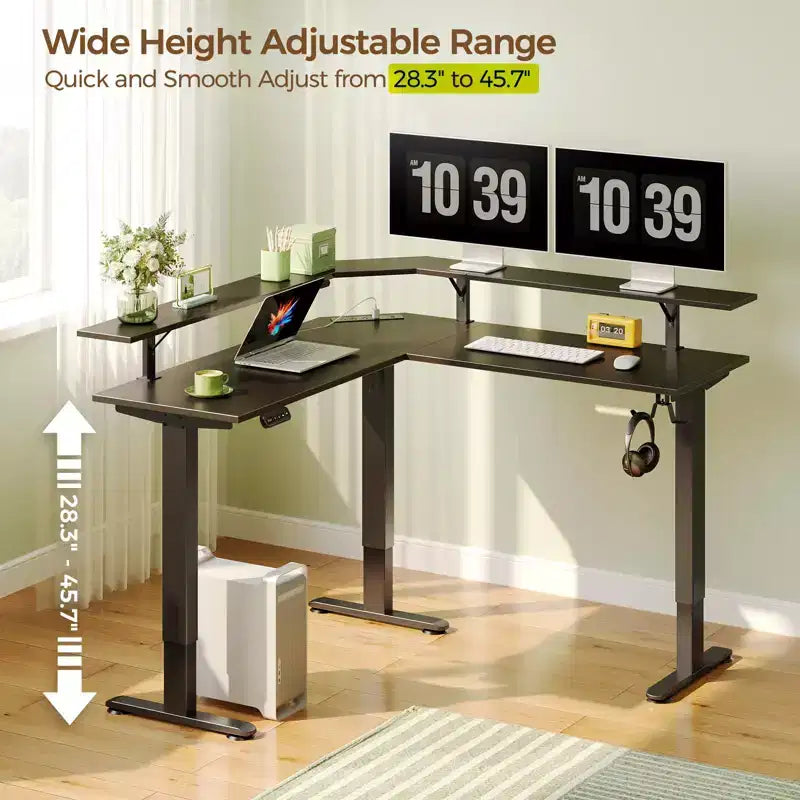 L-Shaped Height-Adjustable Standing Desk with LED Lights, Monitor Stand & 4 AC Outlets
