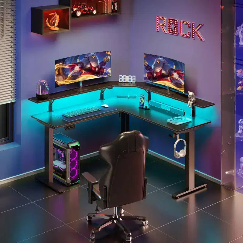 L-Shaped Height-Adjustable Standing Desk with LED Lights, Monitor Stand & 4 AC Outlets