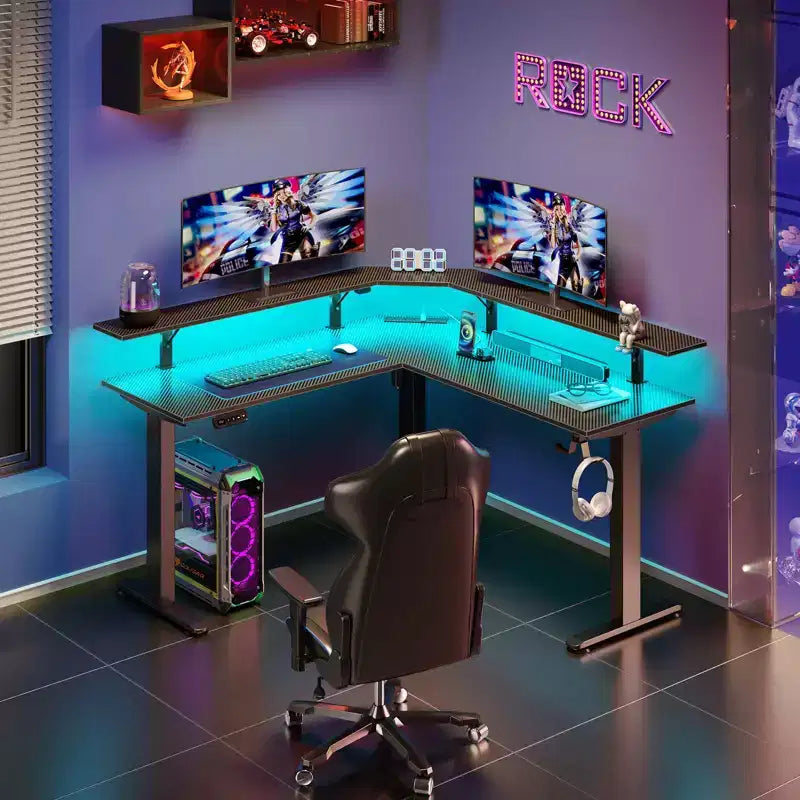 L-Shaped Height-Adjustable Standing Desk with LED Lights, Monitor Stand & 4 AC Outlets
