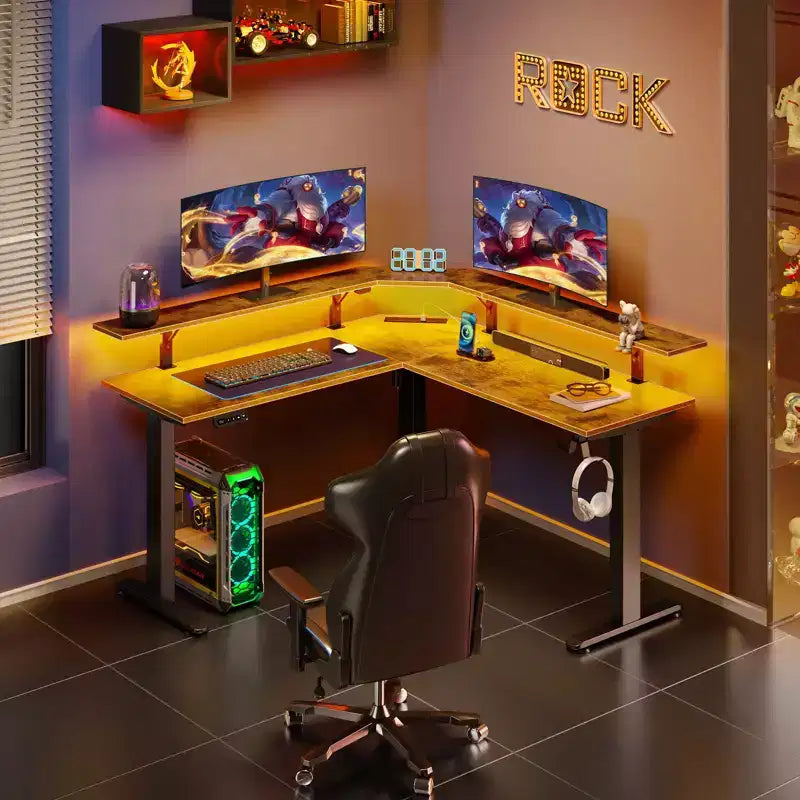 L-Shaped Height-Adjustable Standing Desk with LED Lights, Monitor Stand & 4 AC Outlets