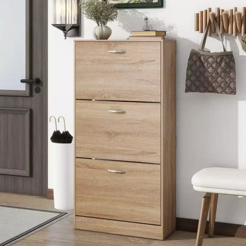 TUYOHW Wood 3-Drawer Shoe Storage Cabinet,47.2 Tall Entryway Organizer with 2-Tier Shelves,Brown