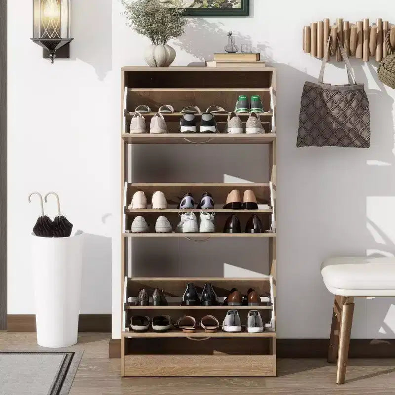 47.2in Tall Shoe Storage Cabinet with 3 Flip-Top Drawers & 2-Tier Shelves – Brown