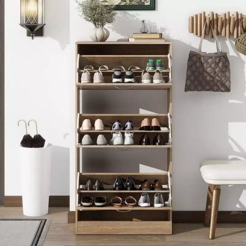 47.2in Tall Shoe Storage Cabinet with 3 Flip-Top Drawers & 2-Tier Shelves – Brown