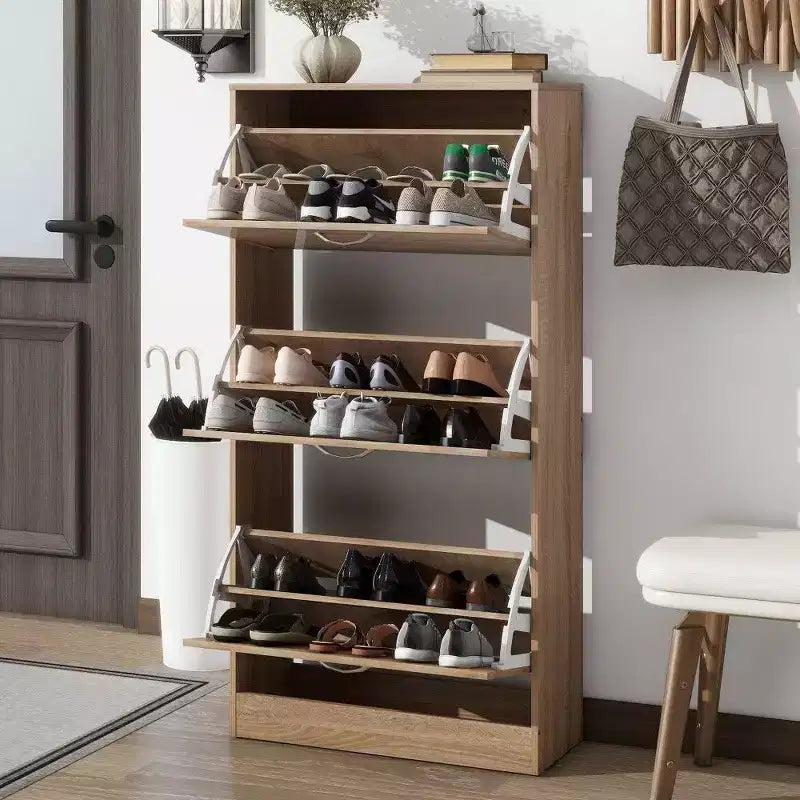 47.2in Tall Shoe Storage Cabinet with 3 Flip-Top Drawers & 2-Tier Shelves – Brown