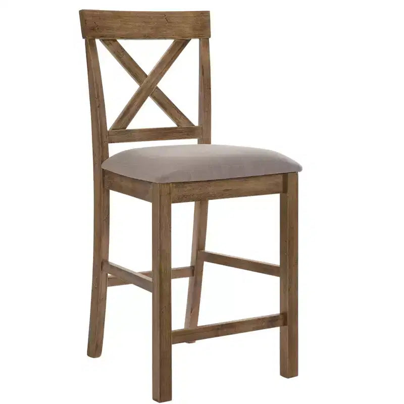 Set of 2 Fabric Upholstered Counter Height Chairs with X-Back & Wood Frame – Brown & Gray