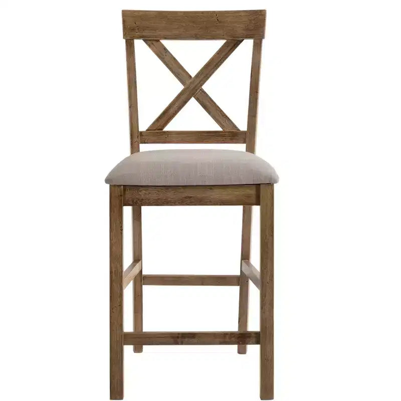 Set of 2 Fabric Upholstered Counter Height Chairs with X-Back & Wood Frame – Brown & Gray