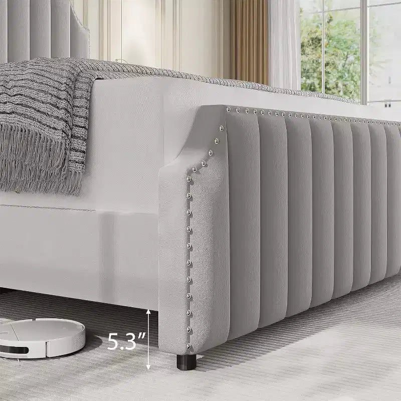 Queen Platform Bed Frame with 50.2in Velvet Headboard, Nailhead Trim & Footboard – Grey