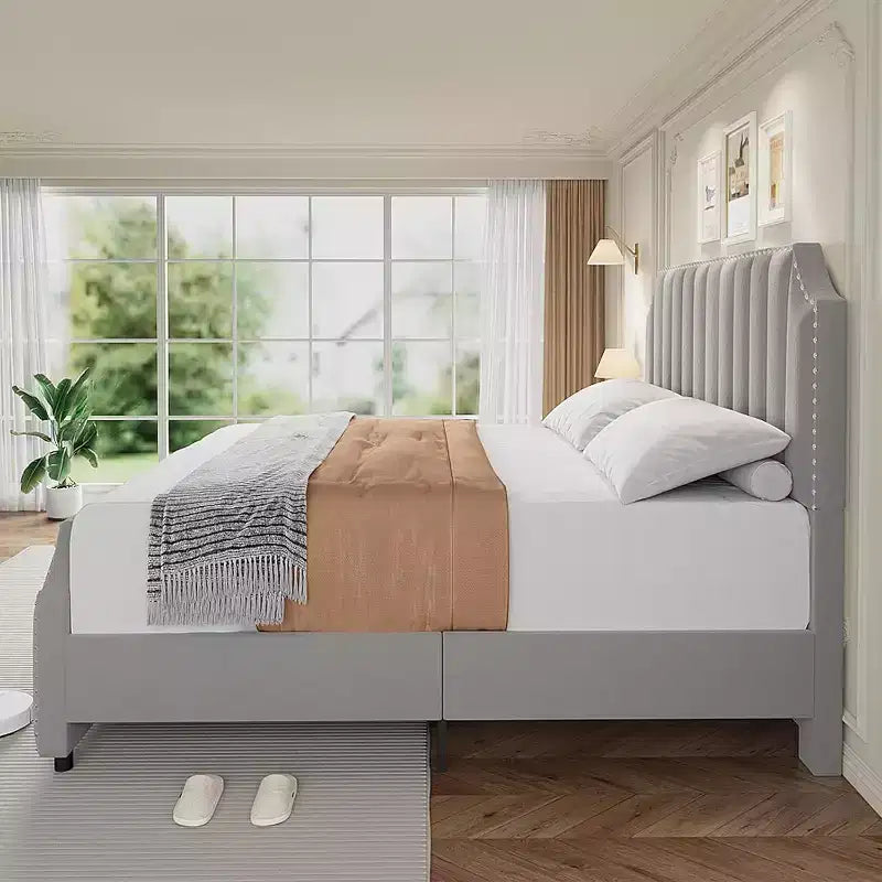 Queen Platform Bed Frame with 50.2in Velvet Headboard, Nailhead Trim & Footboard – Grey