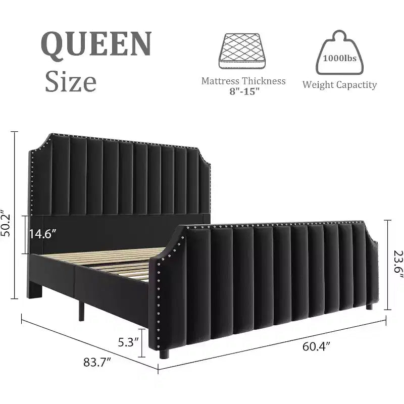 Queen Platform Bed Frame with 50.2in Velvet Headboard, Nailhead Trim & Footboard – Grey