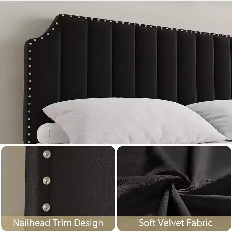 Queen Platform Bed Frame with 50.2in Velvet Headboard, Nailhead Trim & Footboard – Grey