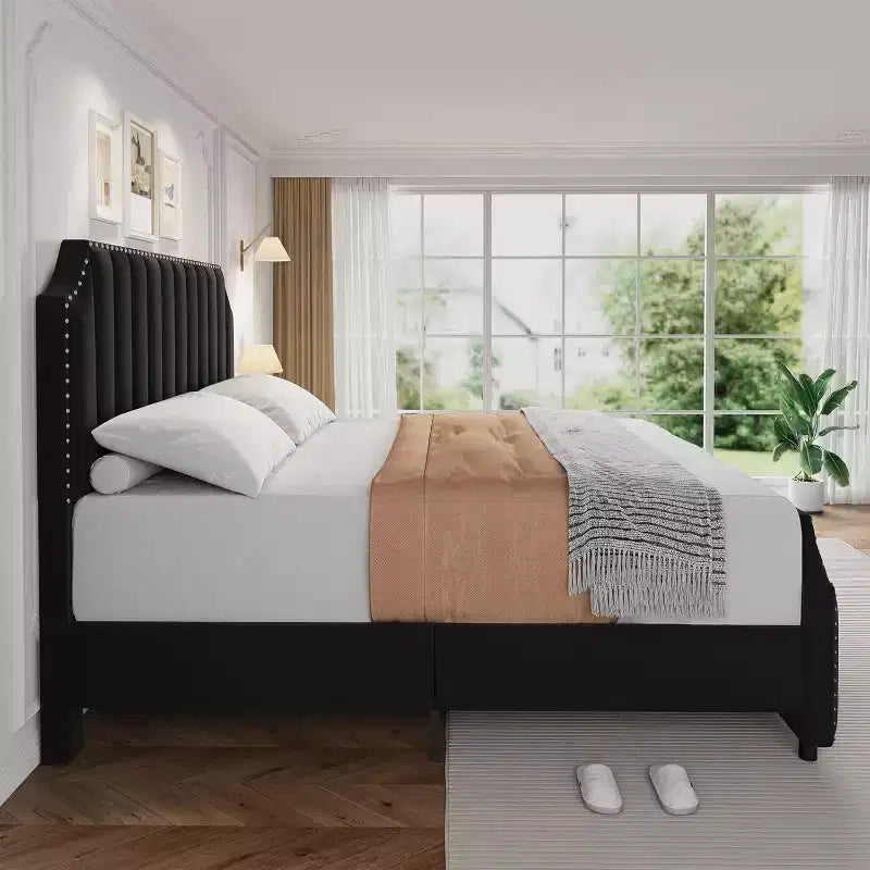 Queen Platform Bed Frame with 50.2in Velvet Headboard, Nailhead Trim & Footboard – Grey