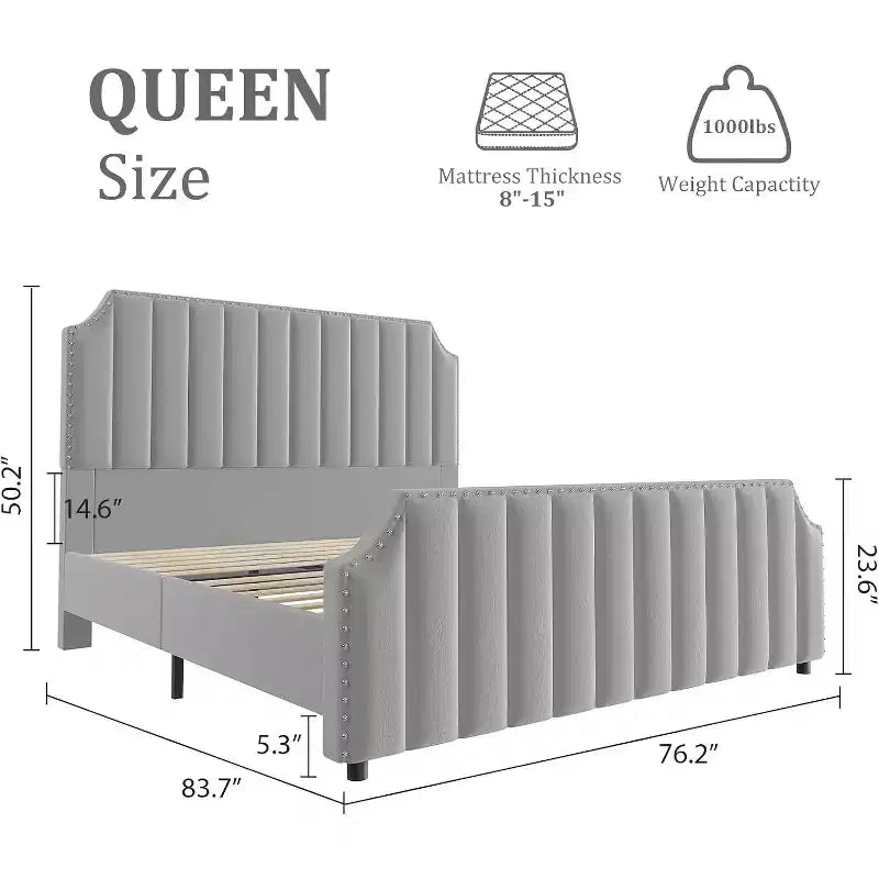 Queen Platform Bed Frame with 50.2in Velvet Headboard, Nailhead Trim & Footboard – Grey