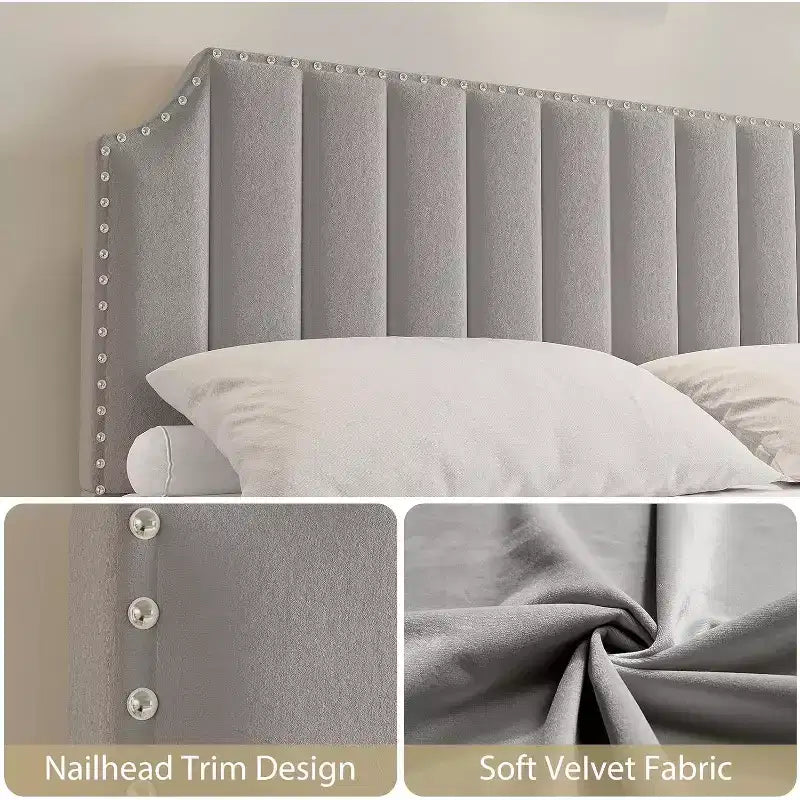 Queen Platform Bed Frame with 50.2in Velvet Headboard, Nailhead Trim & Footboard – Grey