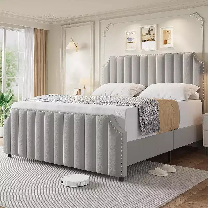 Queen Platform Bed Frame with 50.2in Velvet Headboard, Nailhead Trim & Footboard – Grey