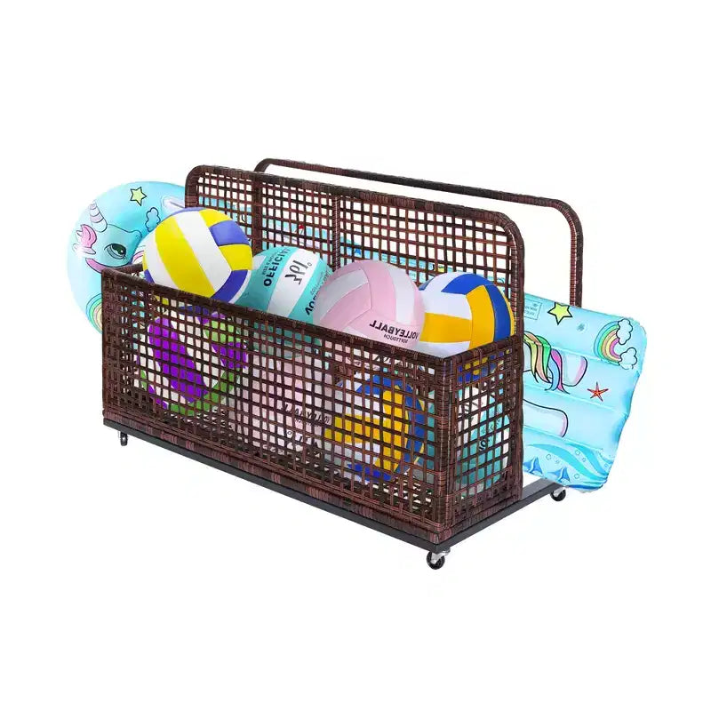 Outdoor Pool Storage Bin with PE Rattan, Swivel Wheels & Folding Side Shelves – Gray