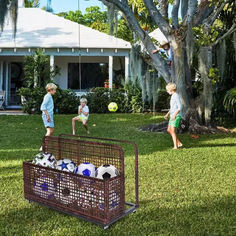 Outdoor Pool Storage Bin with PE Rattan, Swivel Wheels & Folding Side Shelves – Gray