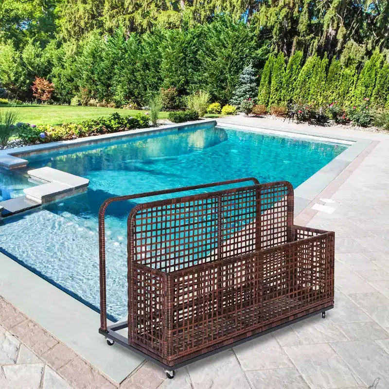 Outdoor Pool Storage Bin with PE Rattan, Swivel Wheels & Folding Side Shelves – Gray