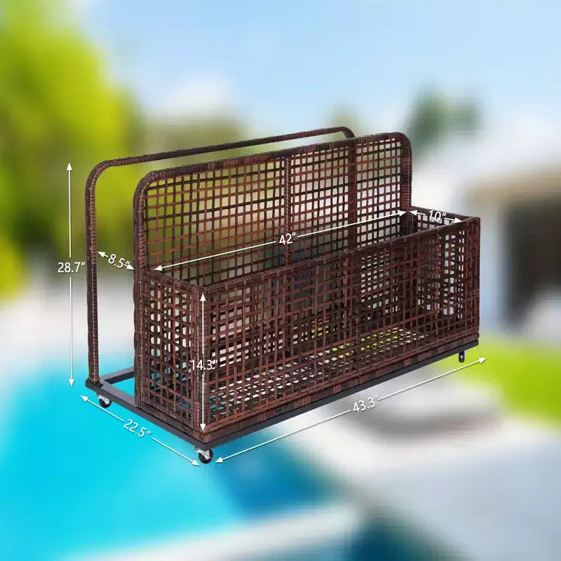 Outdoor Pool Storage Bin with PE Rattan, Swivel Wheels & Folding Side Shelves – Gray