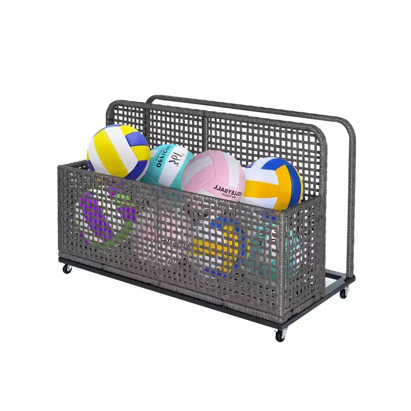 Outdoor Pool Storage Bin with PE Rattan, Swivel Wheels & Folding Side Shelves – Gray