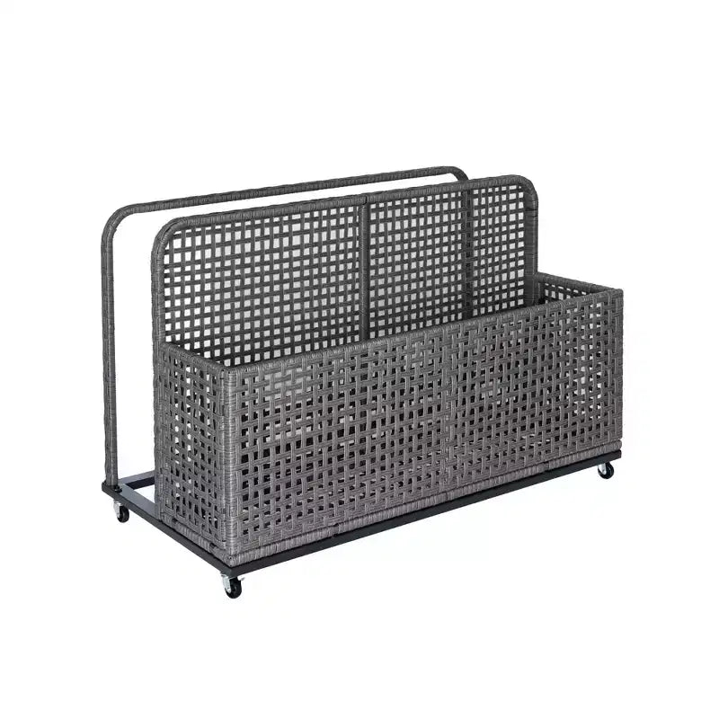Outdoor Pool Storage Bin with PE Rattan, Swivel Wheels & Folding Side Shelves – Gray