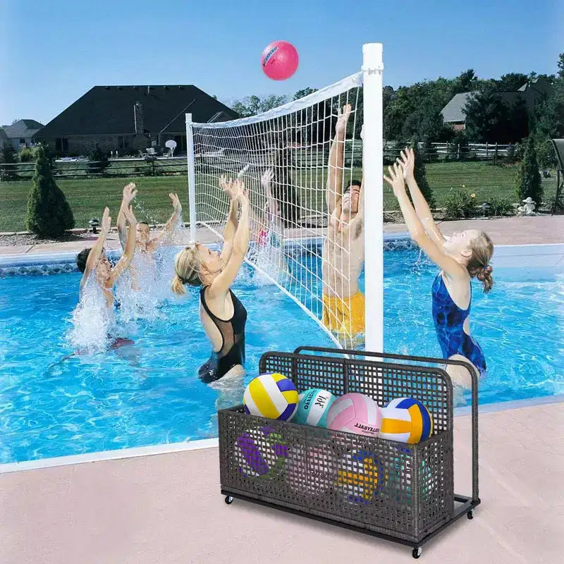Outdoor Pool Storage Bin with PE Rattan, Swivel Wheels & Folding Side Shelves – Gray