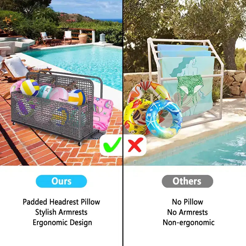 Outdoor Pool Storage Bin with PE Rattan, Swivel Wheels & Folding Side Shelves – Gray