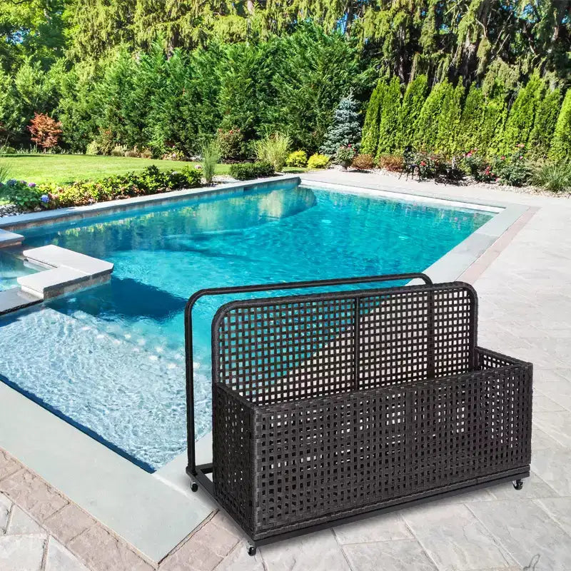Outdoor Pool Storage Bin with PE Rattan, Swivel Wheels & Folding Side Shelves – Gray