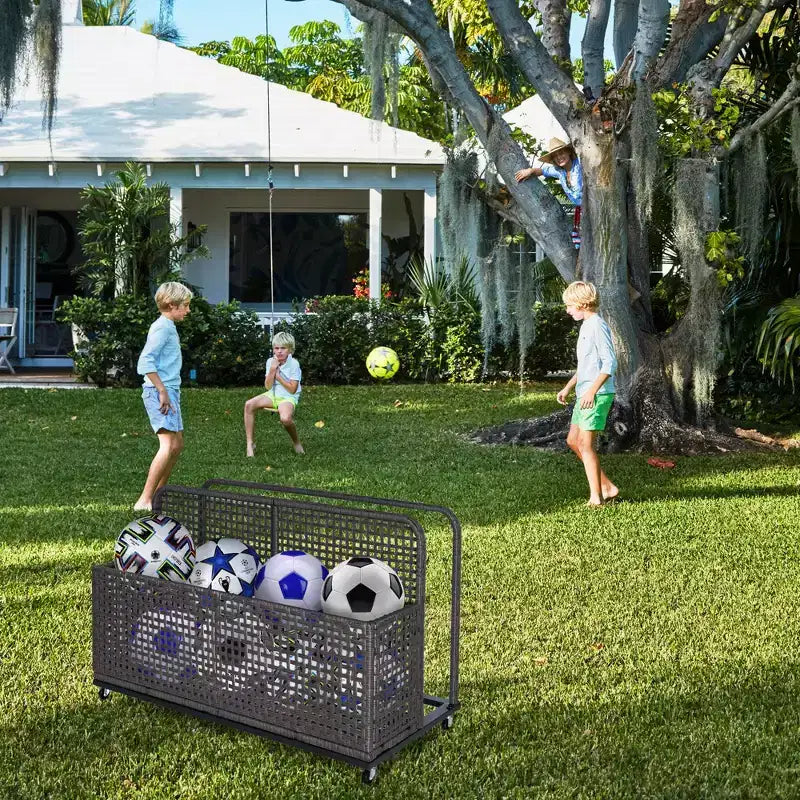 Outdoor Pool Storage Bin with PE Rattan, Swivel Wheels & Folding Side Shelves – Gray