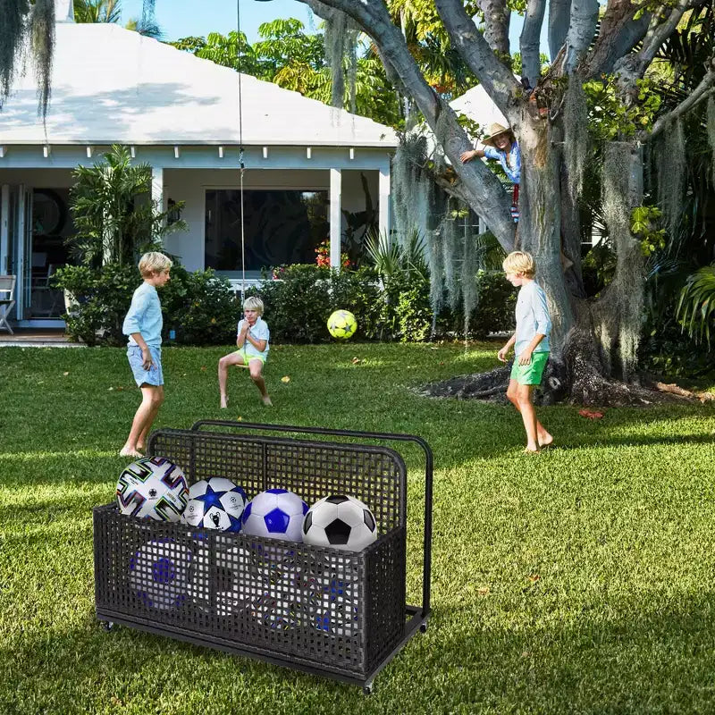 Outdoor Pool Storage Bin with PE Rattan, Swivel Wheels & Folding Side Shelves – Gray