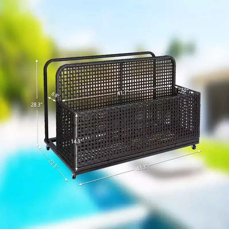 Outdoor Pool Storage Bin with PE Rattan, Swivel Wheels & Folding Side Shelves – Gray