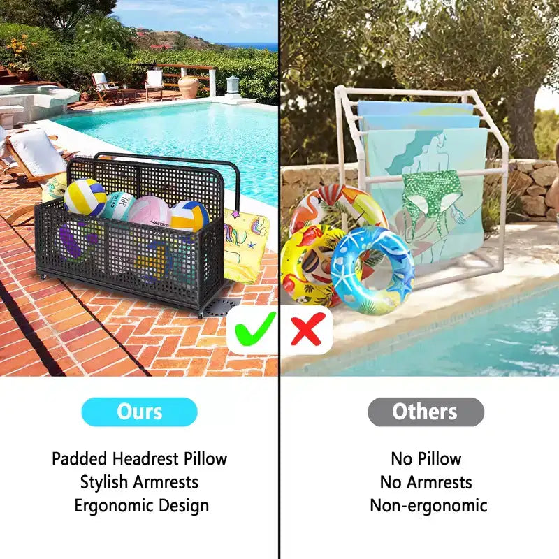 Outdoor Pool Storage Bin with PE Rattan, Swivel Wheels & Folding Side Shelves – Gray