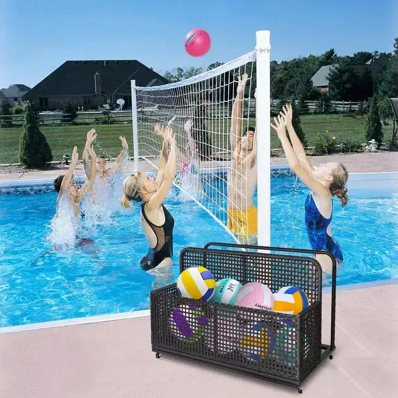 Outdoor Pool Storage Bin with PE Rattan, Swivel Wheels & Folding Side Shelves – Gray