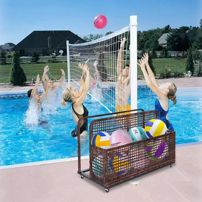 Outdoor Pool Storage Bin with PE Rattan, Swivel Wheels & Folding Side Shelves – Gray