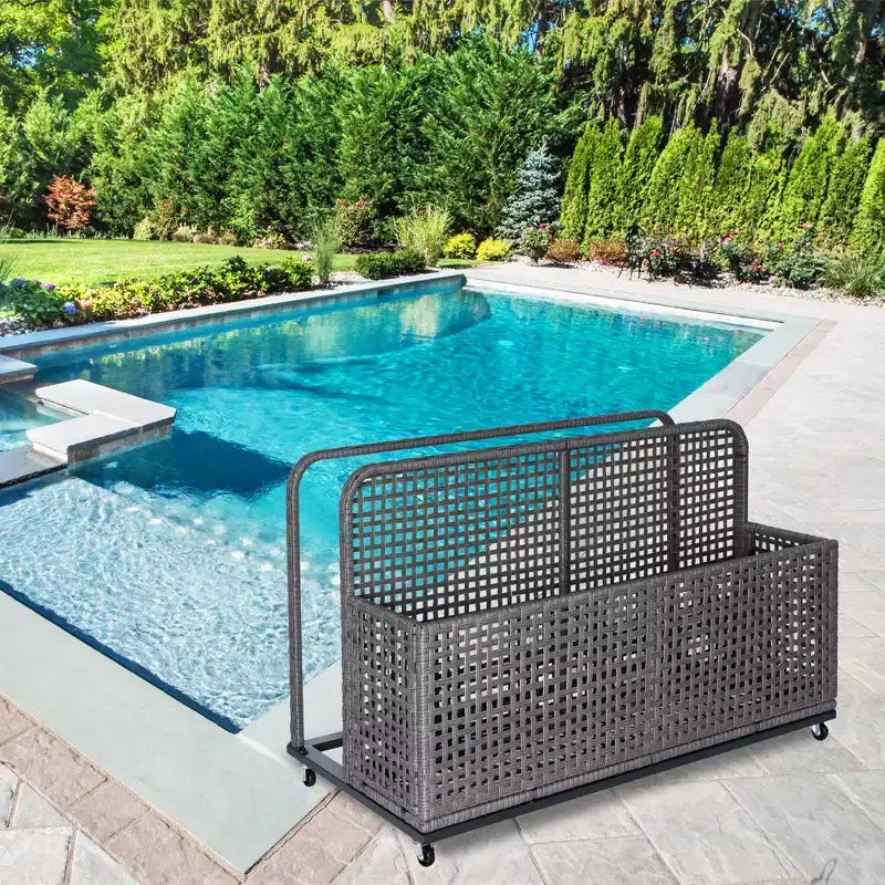 Outdoor Pool Storage Bin with PE Rattan, Swivel Wheels & Folding Side Shelves – Gray