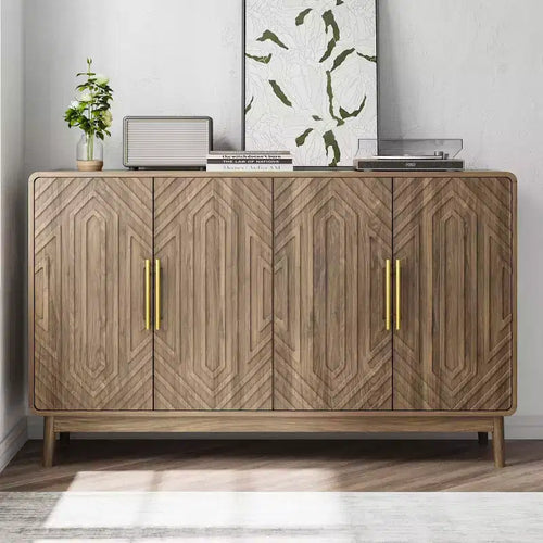Mid-Century Modern Sideboard Buffet, 4-Door Engineered Wood Credenza with Carved Geometric Pattern & Gold Handles - Panipeachy