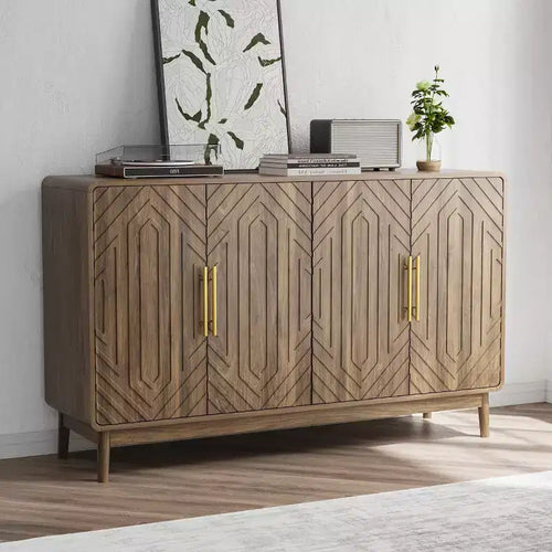 55in Mid-Century Modern Sideboard Buffet with 4 Doors, Carved Pattern & Gold Handles