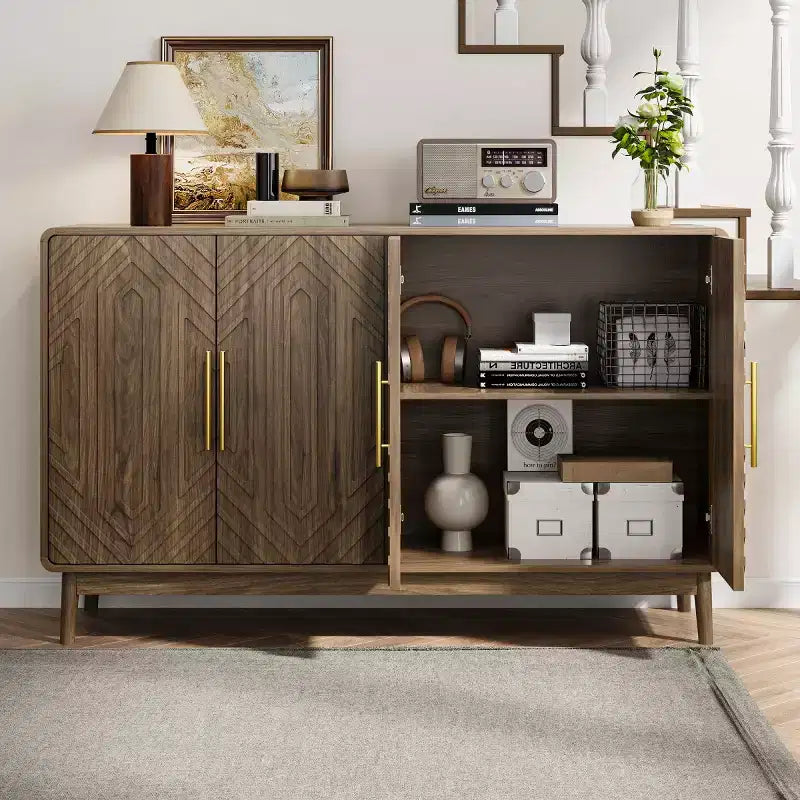 55in Mid-Century Modern Sideboard Buffet with 4 Doors, Carved Pattern & Gold Handles
