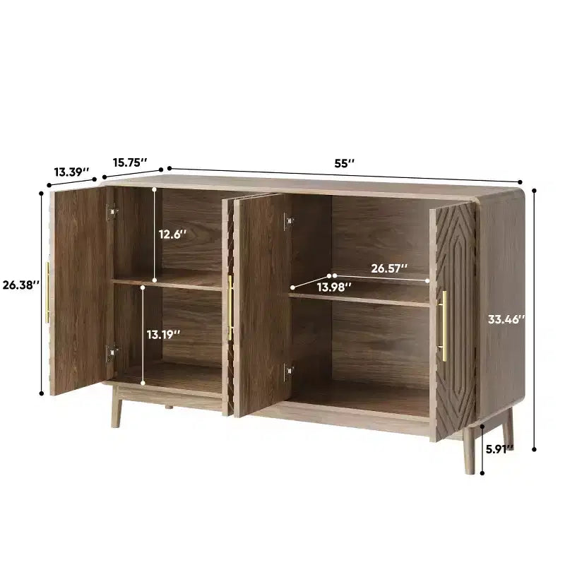 55in Mid-Century Modern Sideboard Buffet with 4 Doors, Carved Pattern & Gold Handles