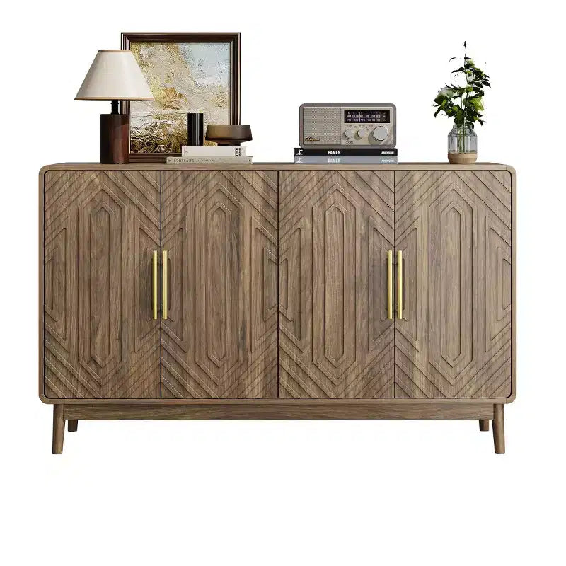 55in Mid-Century Modern Sideboard Buffet with 4 Doors, Carved Pattern & Gold Handles