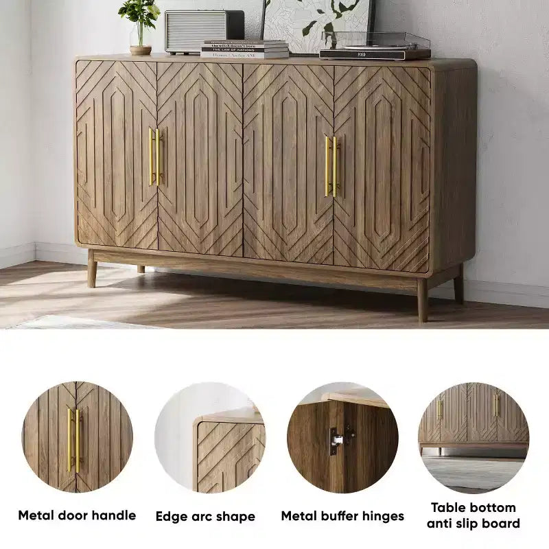55in Mid-Century Modern Sideboard Buffet with 4 Doors, Carved Pattern & Gold Handles