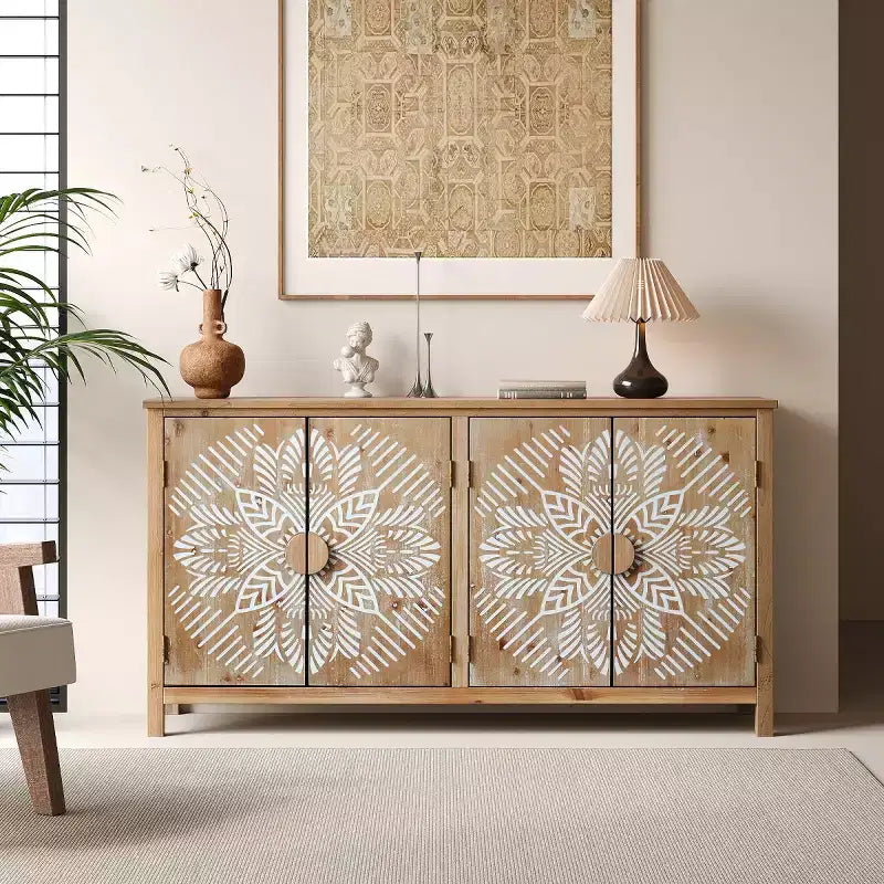 60 Boho Brown Sideboard Buffet Cabinet , 4-Door Engineered Wood Credenza with White Floral Mandala Pattern - Panipeachy