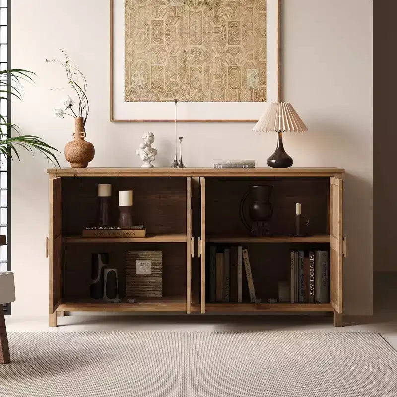 60in Boho Brown Sideboard Buffet with 4 Carved Doors & White Floral Mandala Pattern