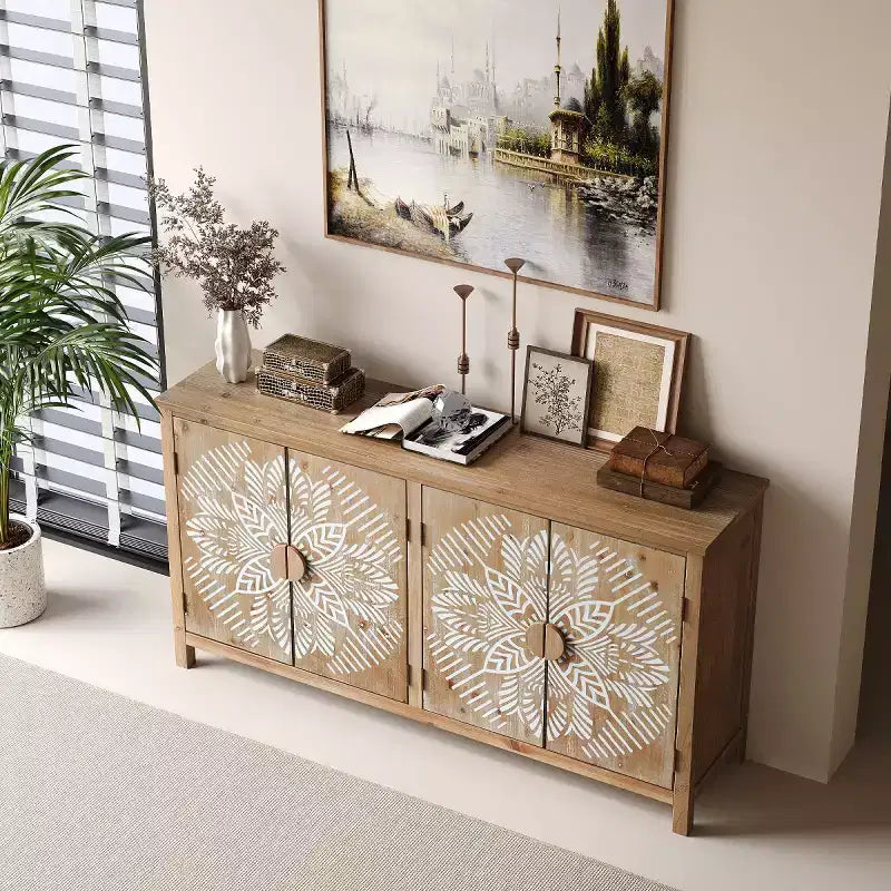 60in Boho Brown Sideboard Buffet with 4 Carved Doors & White Floral Mandala Pattern