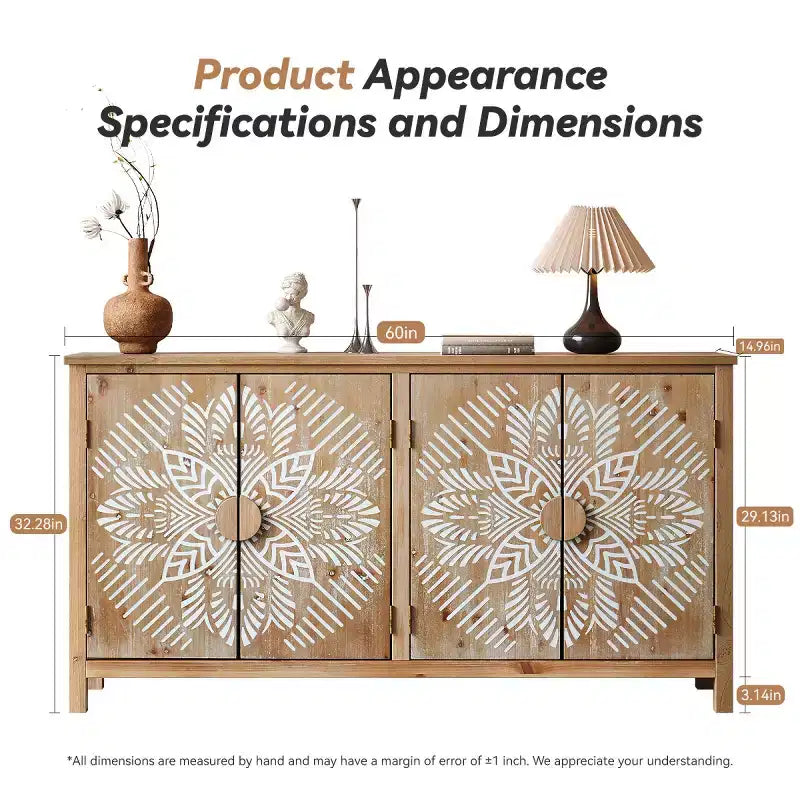 60in Boho Brown Sideboard Buffet with 4 Carved Doors & White Floral Mandala Pattern
