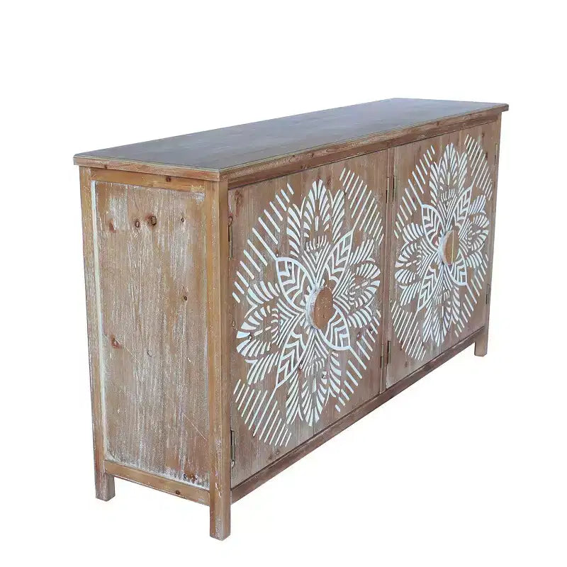 60in Boho Brown Sideboard Buffet with 4 Carved Doors & White Floral Mandala Pattern