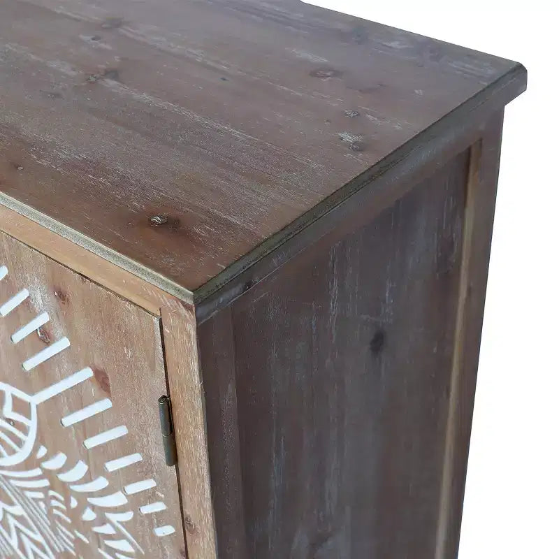 60in Boho Brown Sideboard Buffet with 4 Carved Doors & White Floral Mandala Pattern