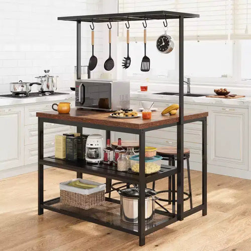 47in Kitchen Baker Rack with Power Outlet, 3 Shelves, 5 S-Hooks & Microwave Stand